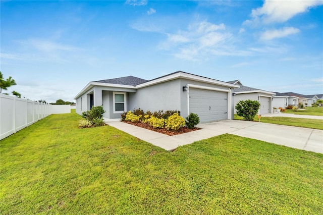 ranch-style house with a front yard and a garage