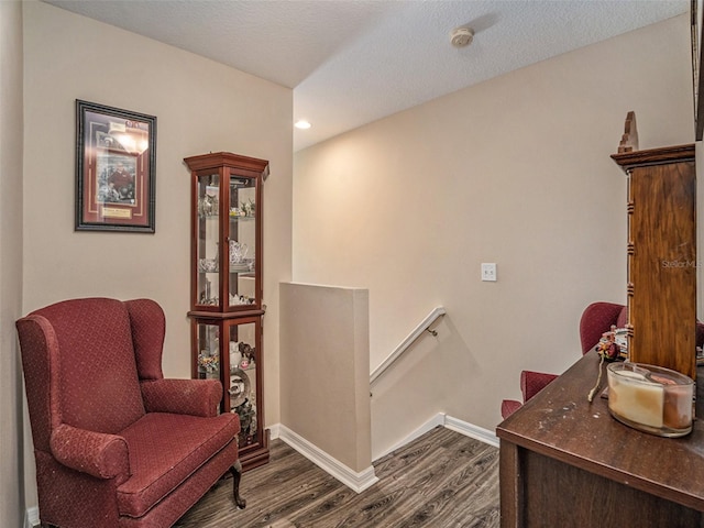 sitting room with a textured ceiling and hardwood / wood-style flooring