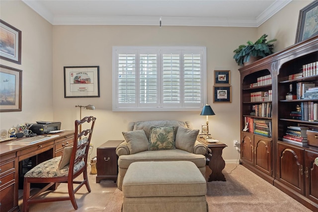 carpeted office space with crown molding