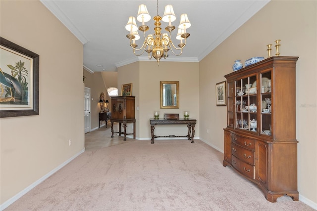 carpeted dining area featuring ornamental molding and an inviting chandelier