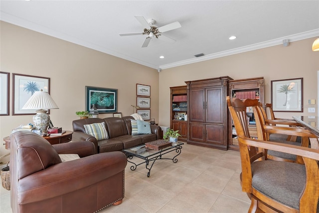 living room with crown molding, light tile patterned flooring, and ceiling fan