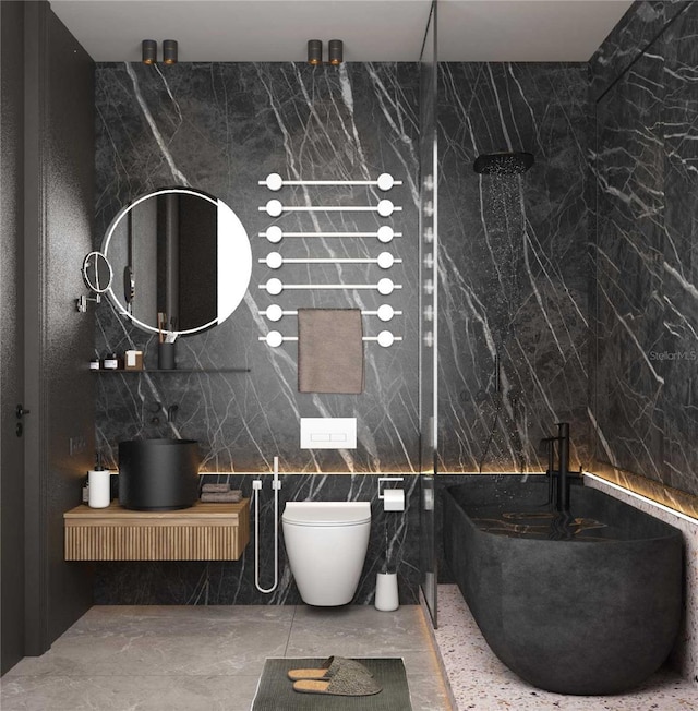 bathroom featuring walk in shower, tile walls, and toilet