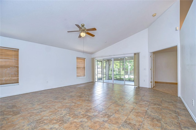 unfurnished room featuring high vaulted ceiling and ceiling fan