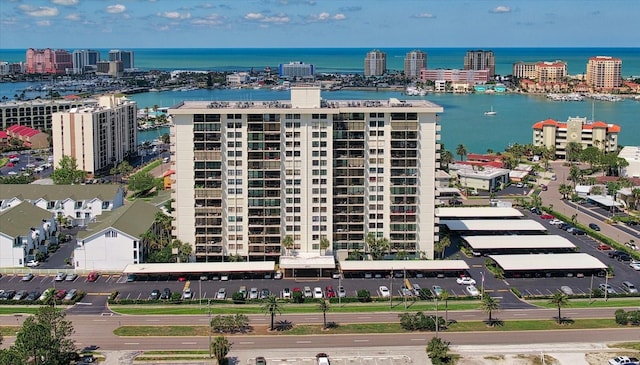 bird's eye view with a water view