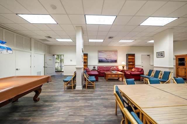 playroom featuring dark hardwood / wood-style flooring, a drop ceiling, and billiards