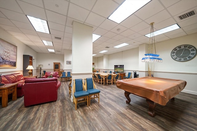 rec room with a paneled ceiling, dark wood-type flooring, and pool table