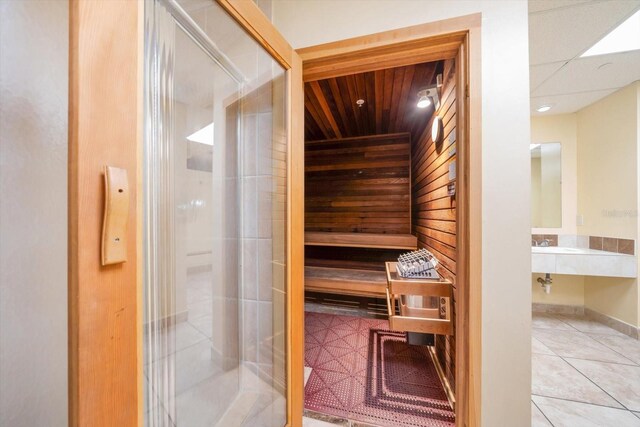 view of sauna with tile patterned floors