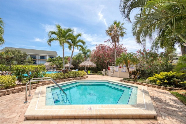 view of swimming pool featuring a patio area