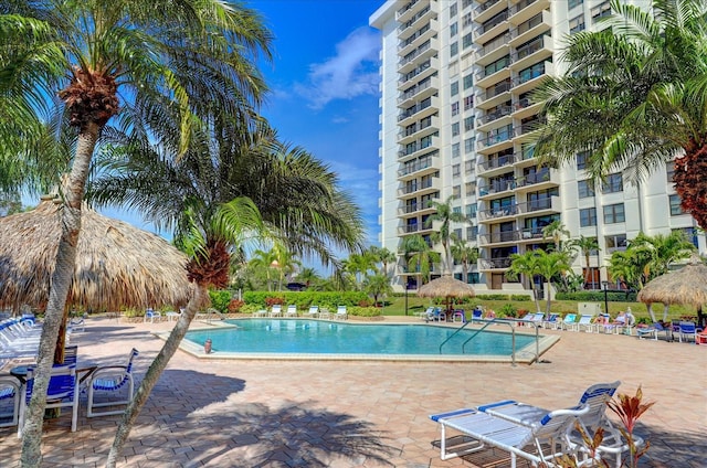 view of swimming pool with a patio