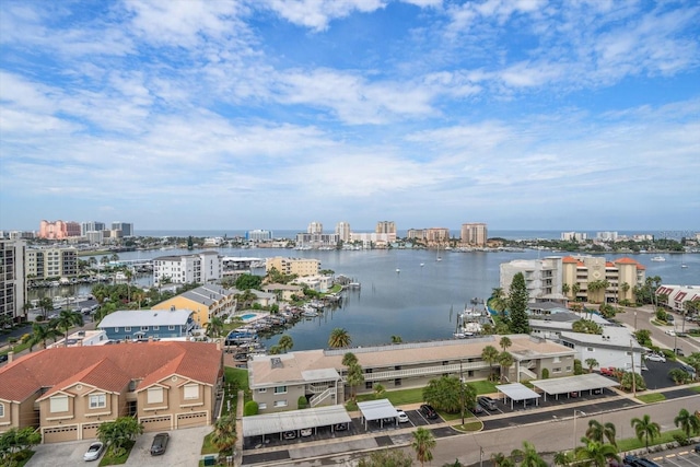 drone / aerial view featuring a water view