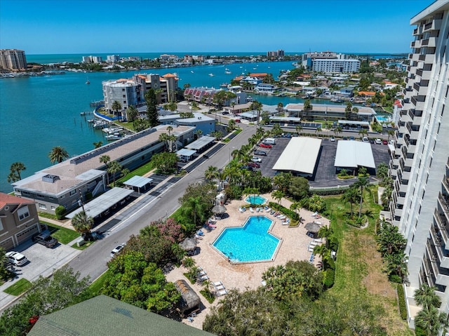 birds eye view of property featuring a water view