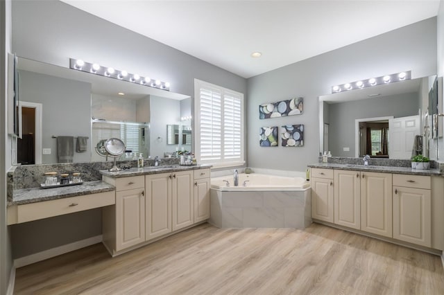 bathroom featuring vanity, independent shower and bath, and plenty of natural light