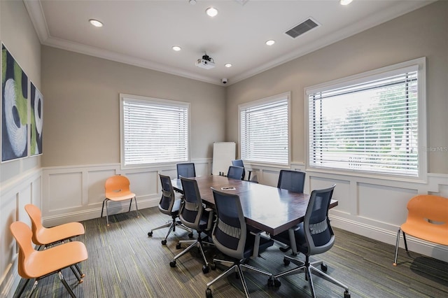 office space featuring crown molding, a wealth of natural light, and dark hardwood / wood-style floors