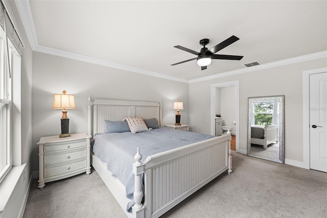 bedroom with light colored carpet, ceiling fan, and ornamental molding