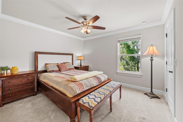 carpeted bedroom featuring ceiling fan, crown molding, and a textured ceiling