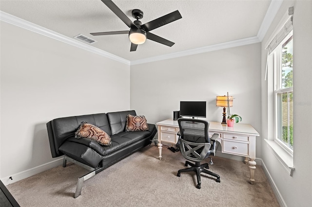 carpeted office featuring ceiling fan, a healthy amount of sunlight, and ornamental molding