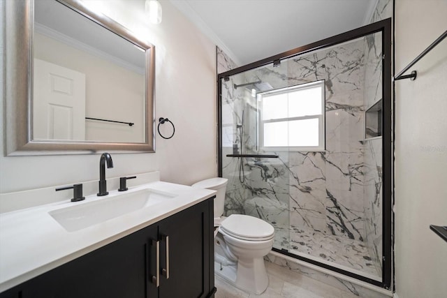 bathroom with toilet, vanity, marble finish floor, a marble finish shower, and crown molding