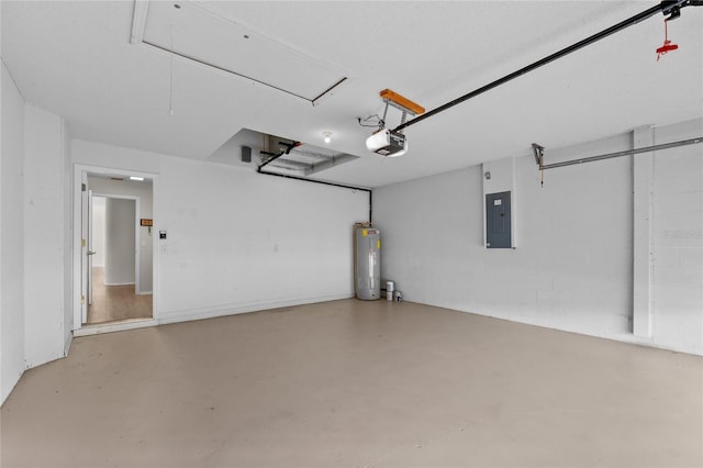 garage featuring water heater, electric panel, and a garage door opener