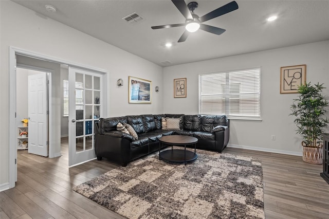 living room with ceiling fan and wood-type flooring