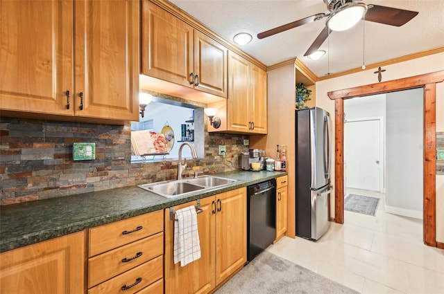 kitchen featuring ceiling fan, stainless steel fridge, black dishwasher, crown molding, and decorative backsplash