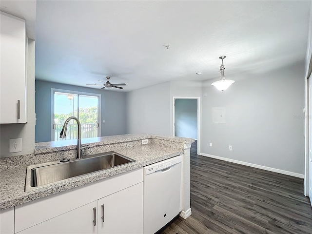 kitchen featuring white cabinetry, white dishwasher, ceiling fan, dark hardwood / wood-style floors, and sink