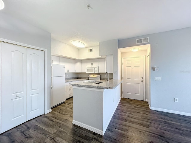 kitchen featuring white cabinets, white appliances, kitchen peninsula, and dark hardwood / wood-style floors