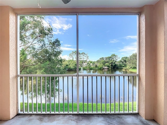 interior space with a water view