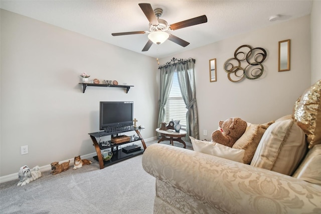 living room with carpet flooring and ceiling fan