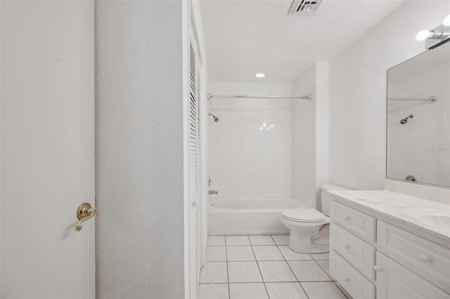 bathroom with vanity, visible vents, tile patterned flooring, toilet, and shower / bathtub combination