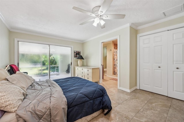 bedroom featuring baseboards, visible vents, ceiling fan, ornamental molding, and ensuite bathroom