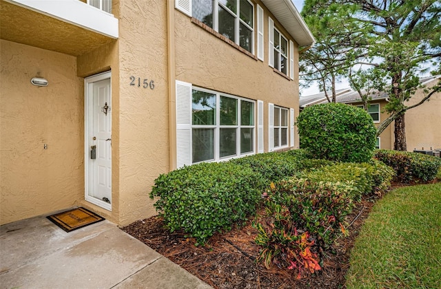 doorway to property featuring stucco siding