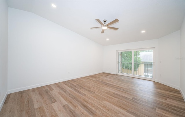 empty room featuring baseboards, ceiling fan, recessed lighting, and light wood-style floors