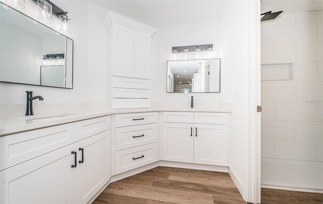 full bathroom with a sink, double vanity, and wood finished floors