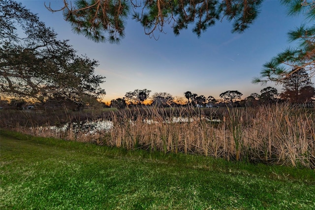 yard at dusk featuring a rural view