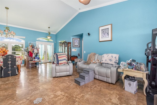 living room with french doors, ornamental molding, and high vaulted ceiling