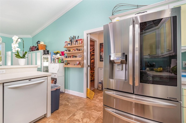 kitchen with stainless steel refrigerator with ice dispenser, crown molding, and dishwasher