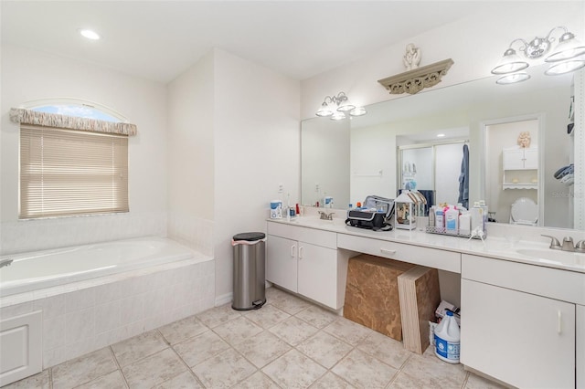 bathroom with vanity, plus walk in shower, and tile patterned floors