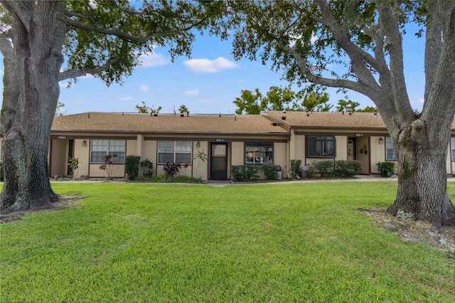 ranch-style home with a front yard and stucco siding