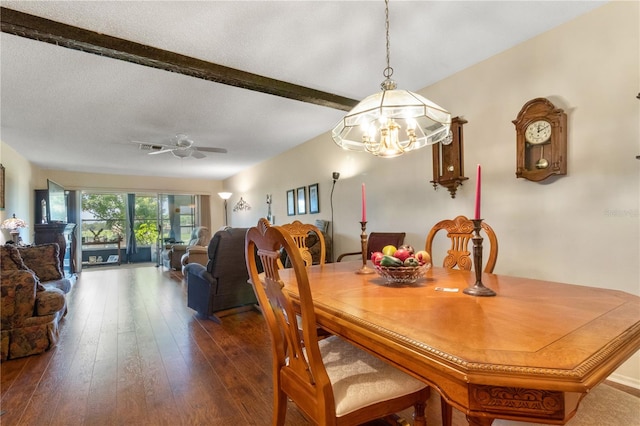 dining space with hardwood / wood-style flooring, ceiling fan, a textured ceiling, and beamed ceiling