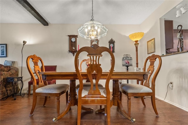 dining area featuring an inviting chandelier, beamed ceiling, and dark wood-type flooring