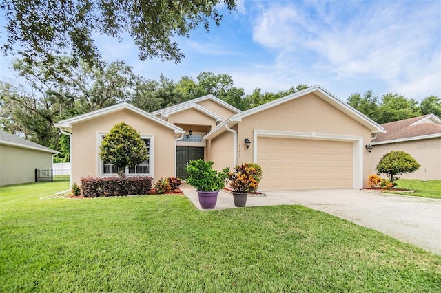 ranch-style house with a front yard and a garage