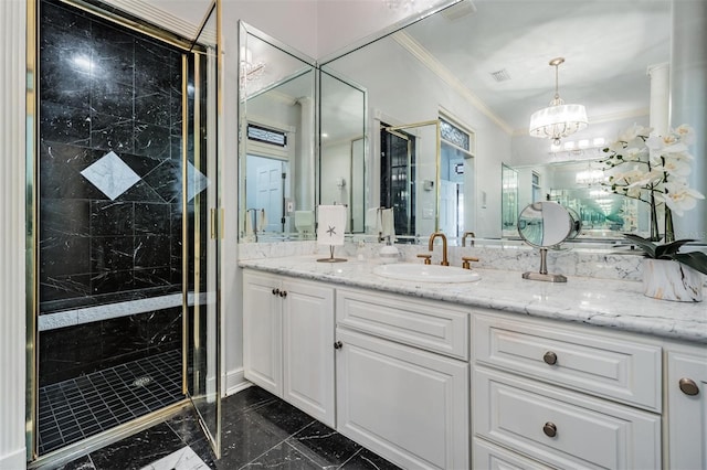 bathroom featuring a notable chandelier, vanity, a shower with shower door, and ornamental molding