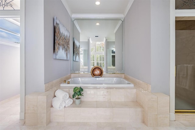 bathroom featuring ornamental molding and plus walk in shower