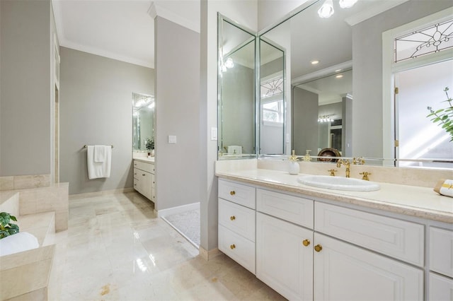 bathroom with vanity and ornamental molding