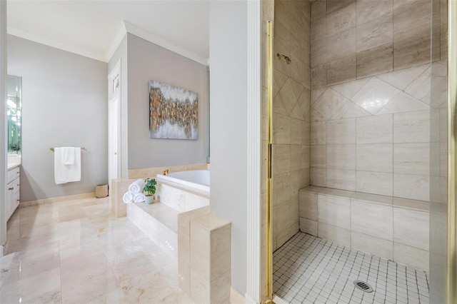 bathroom featuring ornamental molding, tile patterned floors, vanity, and plus walk in shower