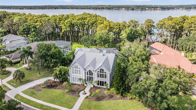 aerial view featuring a water view