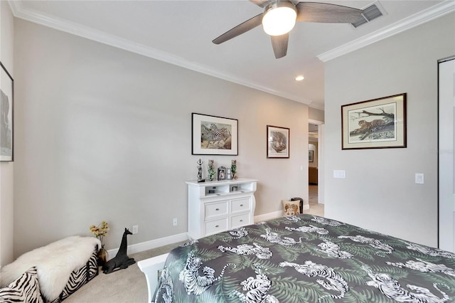 carpeted bedroom featuring crown molding, a ceiling fan, baseboards, visible vents, and recessed lighting