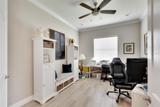 home office featuring a textured ceiling, ceiling fan, ornamental molding, and light hardwood / wood-style floors