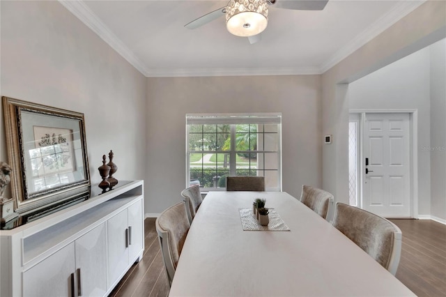 dining space featuring ceiling fan, dark hardwood / wood-style floors, and ornamental molding