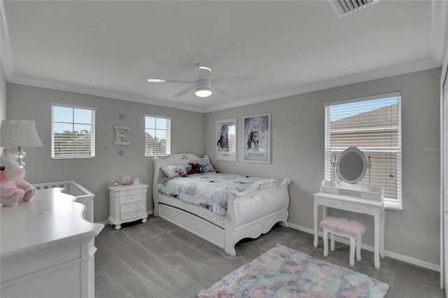 bedroom featuring ceiling fan, crown molding, and light carpet